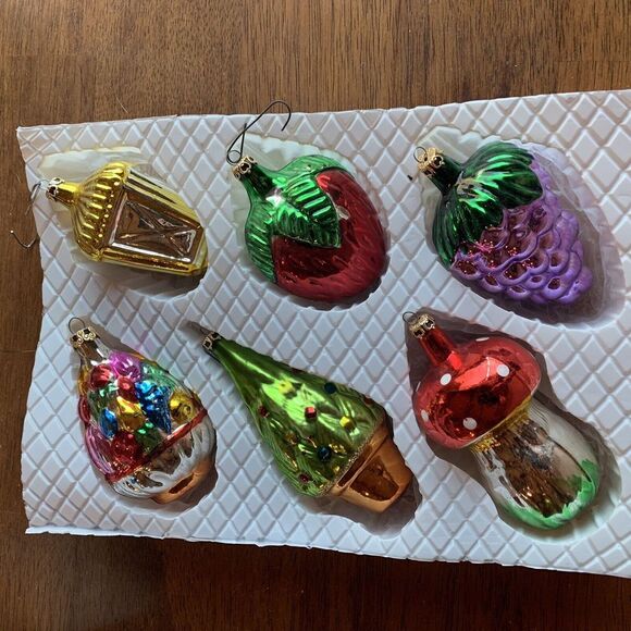 Vintage Kurt Adler Christmas Holiday Glass Ornaments Set 6 Mushroom Strawberry B - Picture 6 of 7